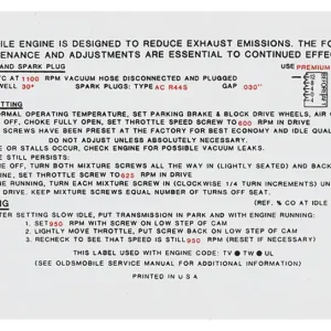 Decal, Emissions, 1970 Cutlass, 442/SX/W-33, 455-4V, AT Buy Direct